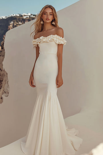 White Off The Shoulder Sheath Floor Length Wedding Dress